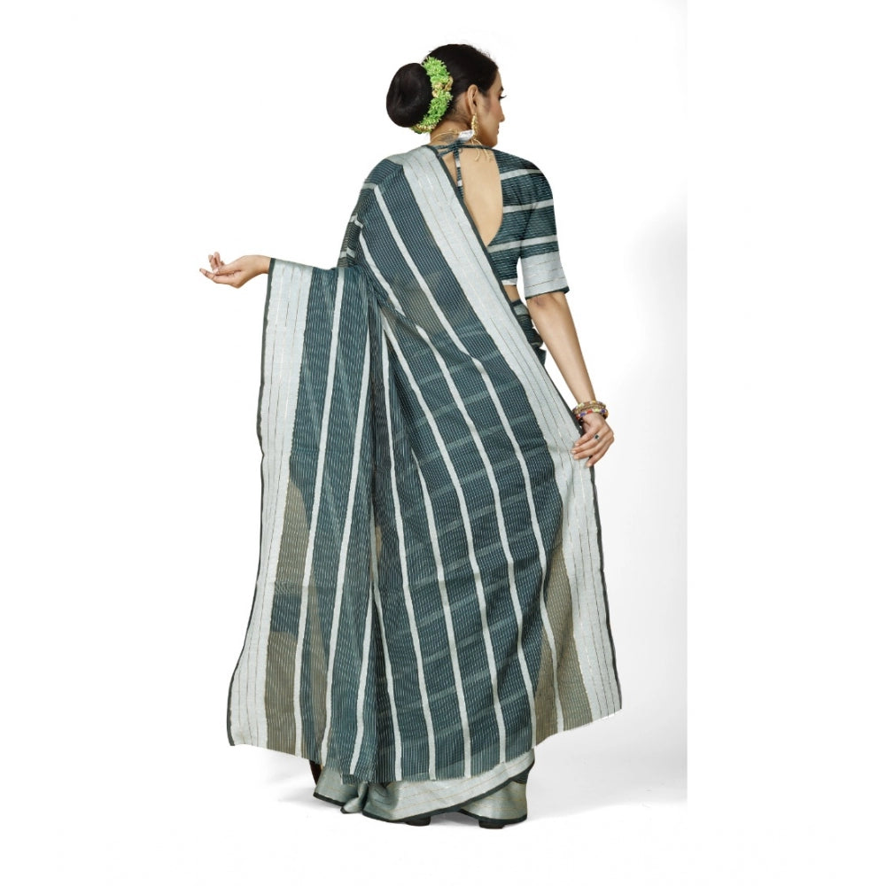 Generic Women's Cotton Silk Striped Saree With Unstitched Blouse 5.5Mtr (Dark Green) Secondary image