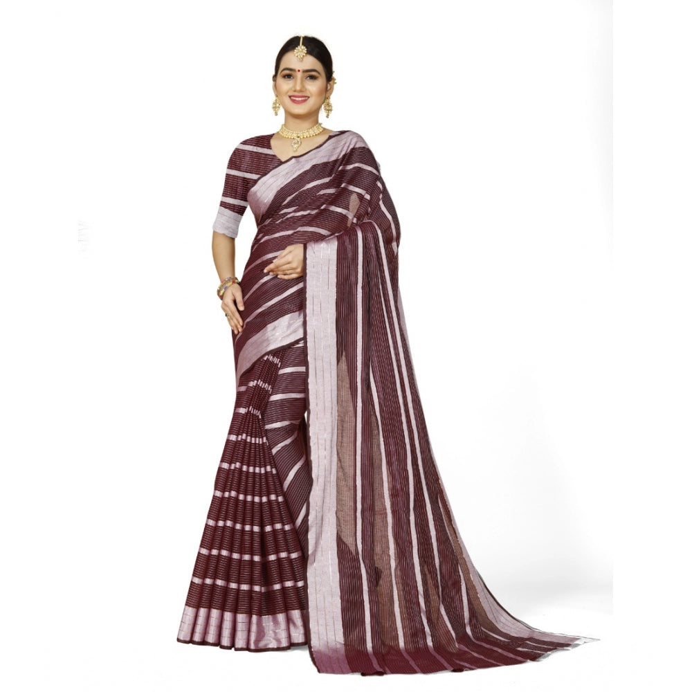 Generic Women's Cotton Silk Striped Saree With Unstitched Blouse 5.5Mtr (Maroon) Main image