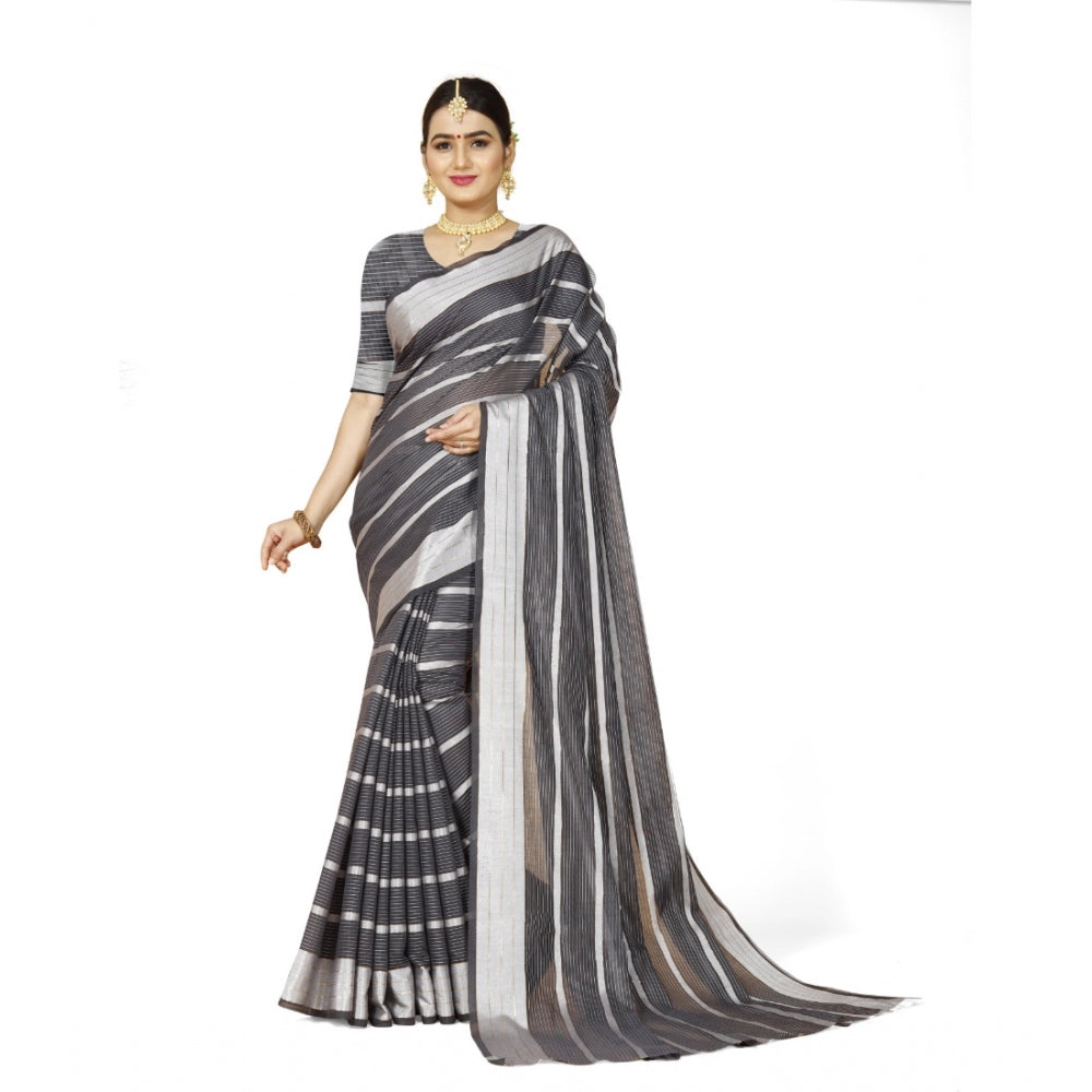 Generic Women's Cotton Silk Striped Saree With Unstitched Blouse 5.5Mtr (Grey) Main image
