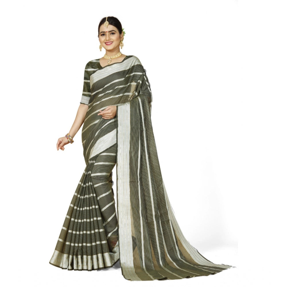Generic Women's Cotton Silk Striped Saree With Unstitched Blouse 5.5Mtr (Green) Main image