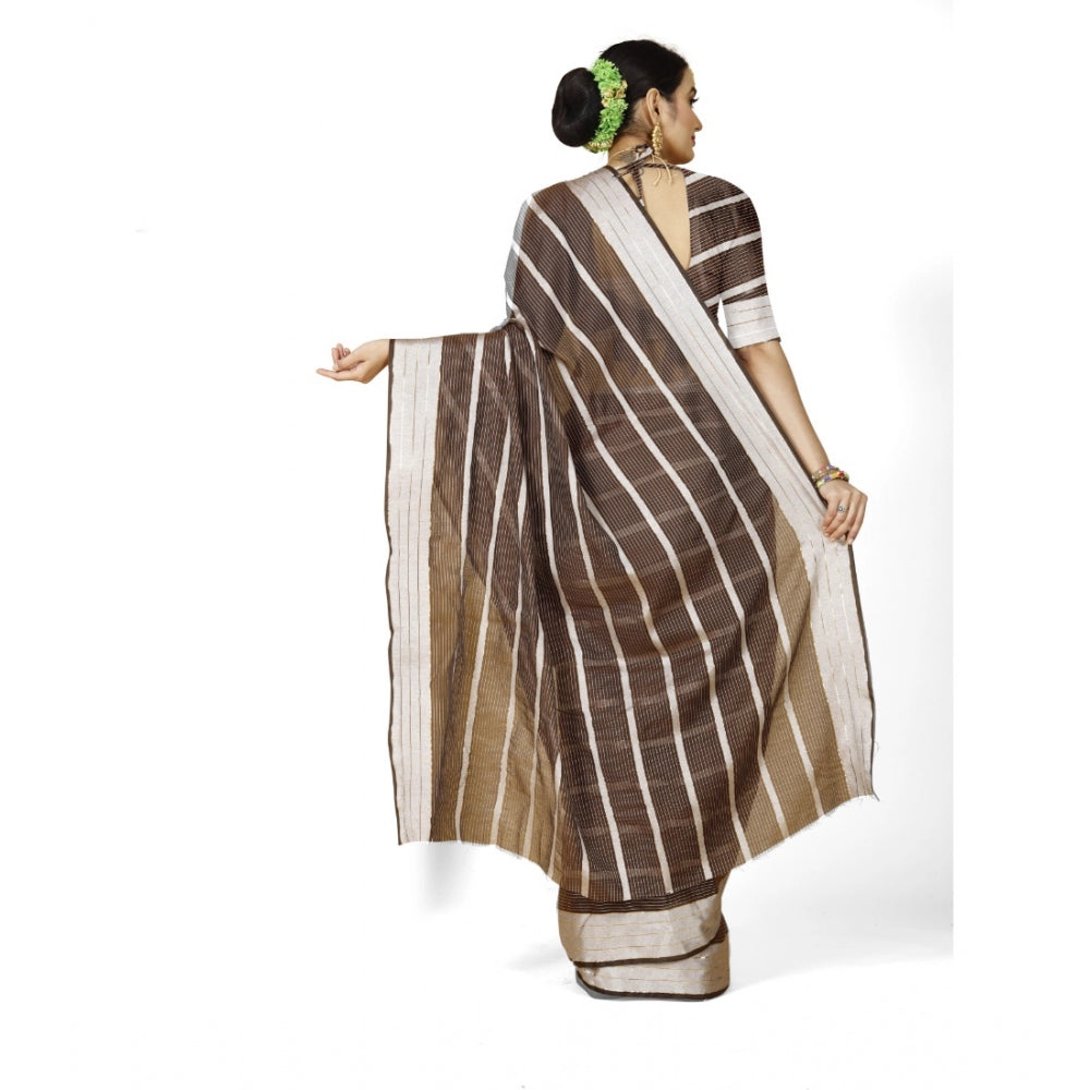 Generic Women's Cotton Silk Striped Saree With Unstitched Blouse 5.5Mtr (Brown) Secondary image