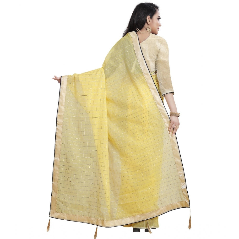 Generic Women's Cotton Silk Checkered Saree With Unstitched Blouse 5.5Mtr (Yellow) Secondary image
