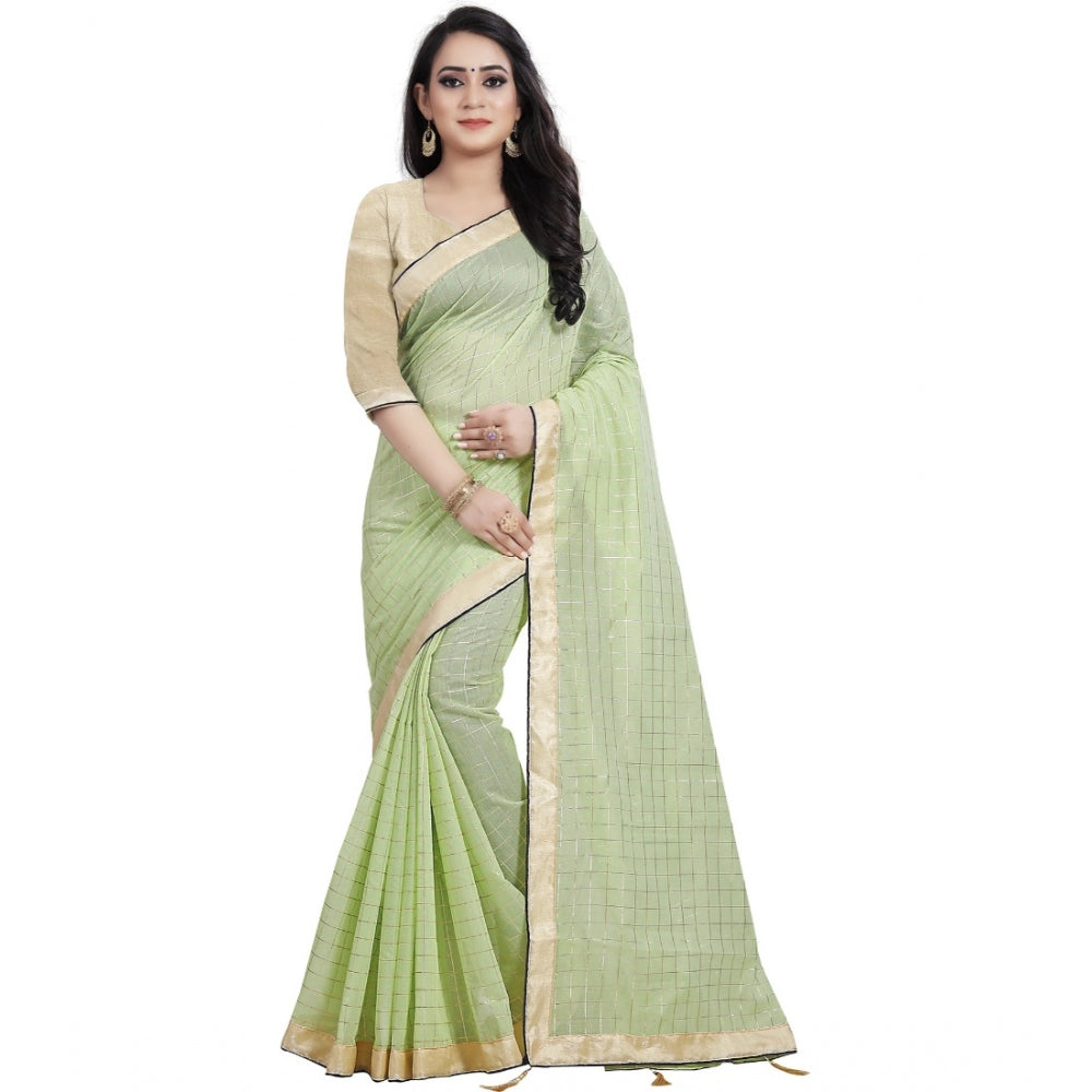 Generic Women's Cotton Silk Checkered Saree With Unstitched Blouse 5.5Mtr (Light Green) Main image