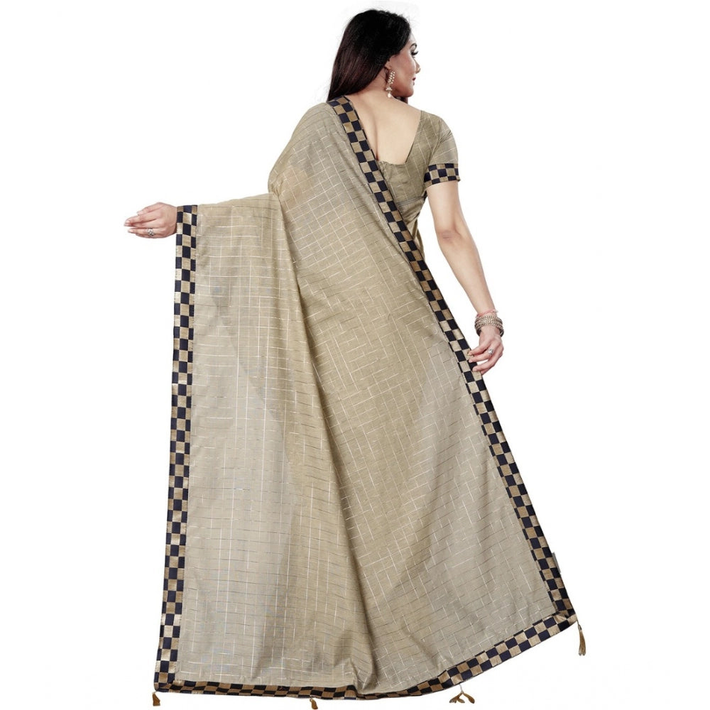 Generic Women's Cotton Silk Checkered Saree With Unstitched Blouse 5.5Mtr (Cream) Secondary image