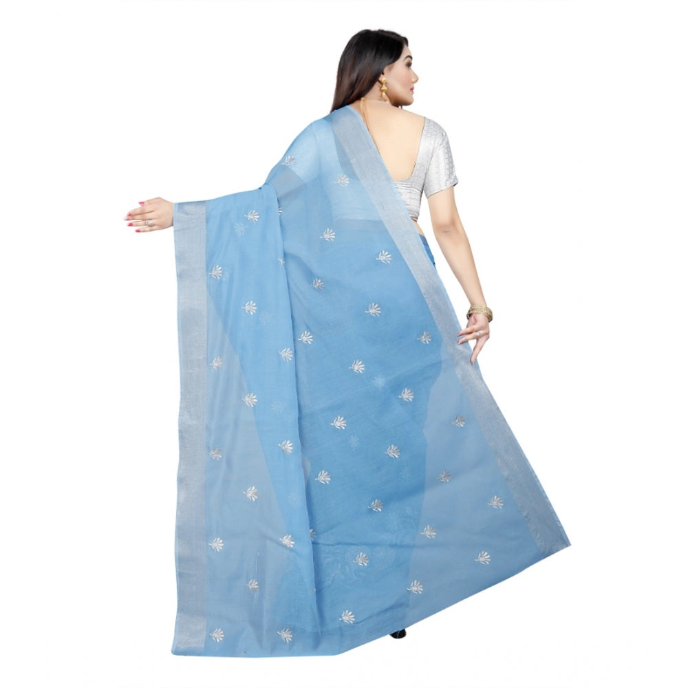 Generic Women's Cotton Silk Embroidered Saree With Unstitched Blouse 5.5Mtr (Light Blue) Secondary image