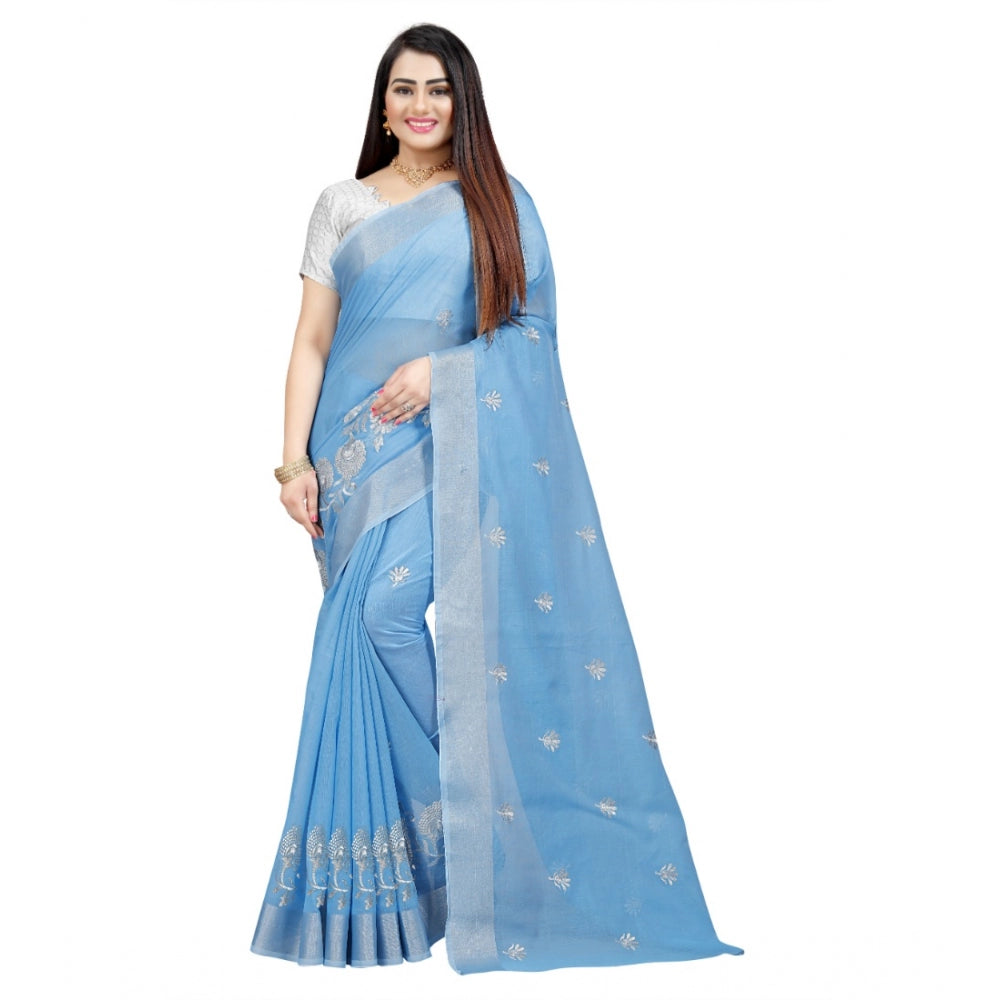 Generic Women's Cotton Silk Embroidered Saree With Unstitched Blouse 5.5Mtr (Light Blue) Main image