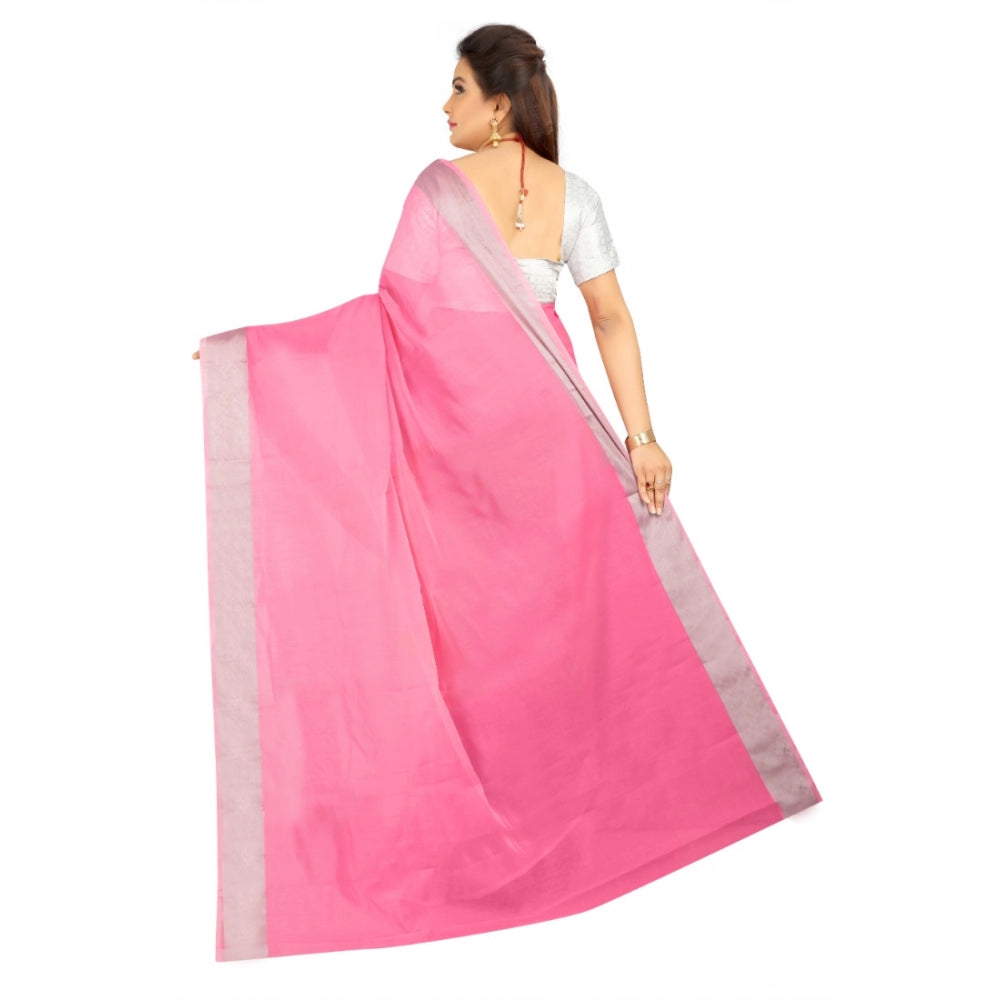 Generic Women's Cotton Silk Self Design Saree With Unstitched Blouse 5.5Mtr (Pink) Secondary image