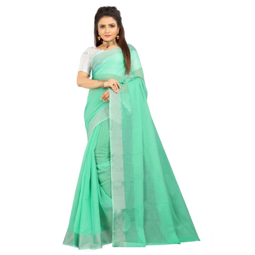 Generic Women's Cotton Silk Self Design Saree With Unstitched Blouse 5.5Mtr (Green) Main image