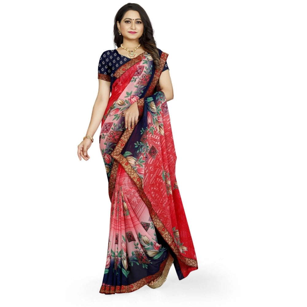 Generic Women's Georgette Floral Print Saree With Unstitched Blouse 5.5Mtr (Red-Blue) Secondary image