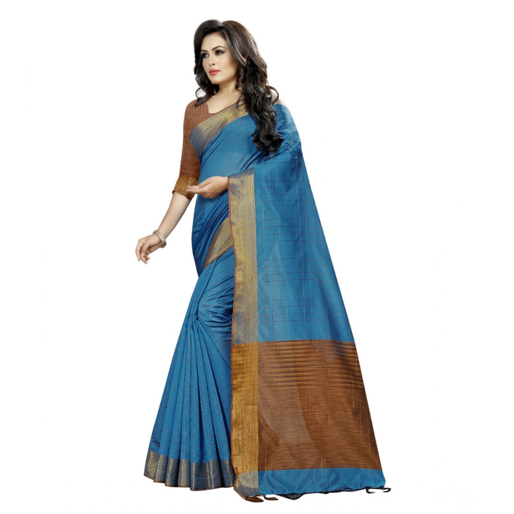 Generic Women's Cotton Silk Self Design Saree With Unstitched Blouse 5.5Mtr (Light Blue) Secondary image