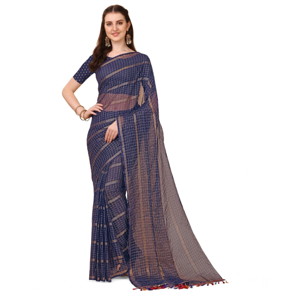 Generic Women's Silk Blend Checkered Saree With Unstitched Blouse 5.5Mtr (Blue) Main image