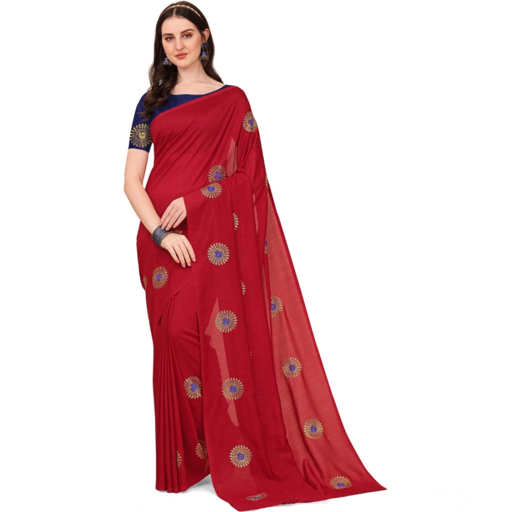 Generic Women's Silk Blend Embroidered Saree With Unstitched Blouse 5.5Mtr (Red) Main image