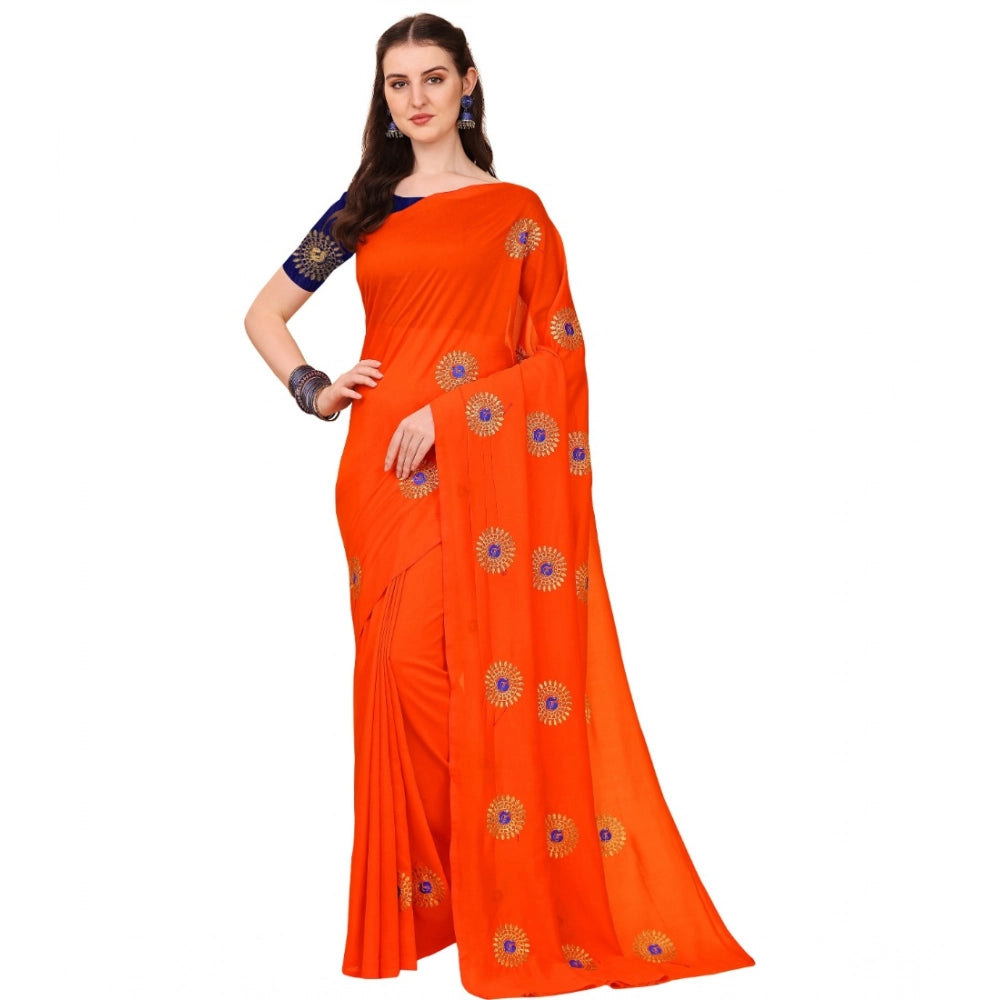 Generic Women's Silk Blend Embroidered Saree With Unstitched Blouse 5.5Mtr (Orange) Main image