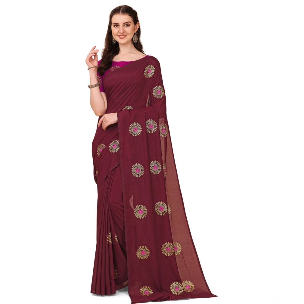 Generic Women's Silk Blend Embroidered Saree With Unstitched Blouse 5.5Mtr (Brown) Main image