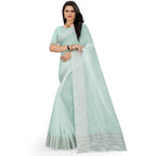 Generic Women's Cotton Jute Self Design Saree With Unstitched Blouse 5.5Mtr (Sky Blue)