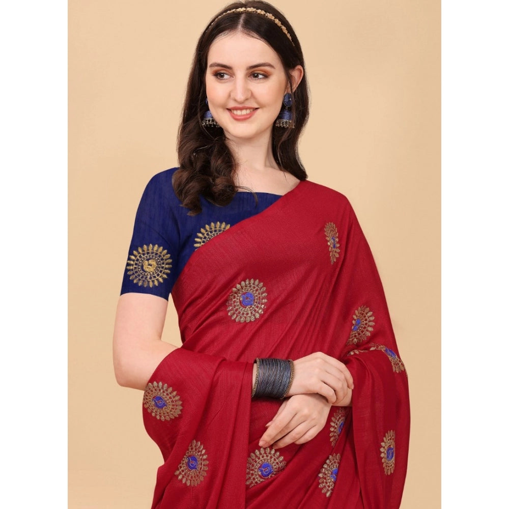 Generic Women's Silk Blend Embroidered Saree With Unstitched Blouse 5.5Mtr (Red) Secondary image