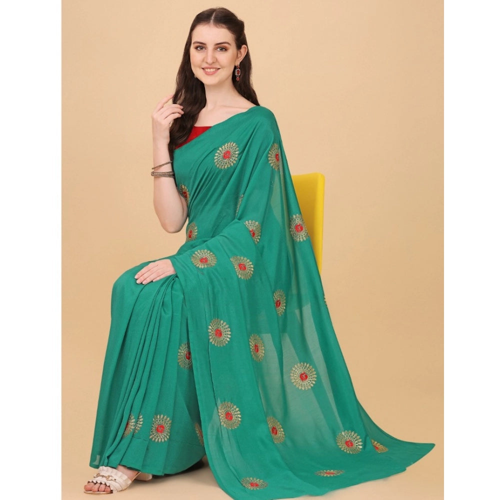 Generic Women's Silk Blend Embroidered Saree With Unstitched Blouse 5.5Mtr (Green) Secondary image