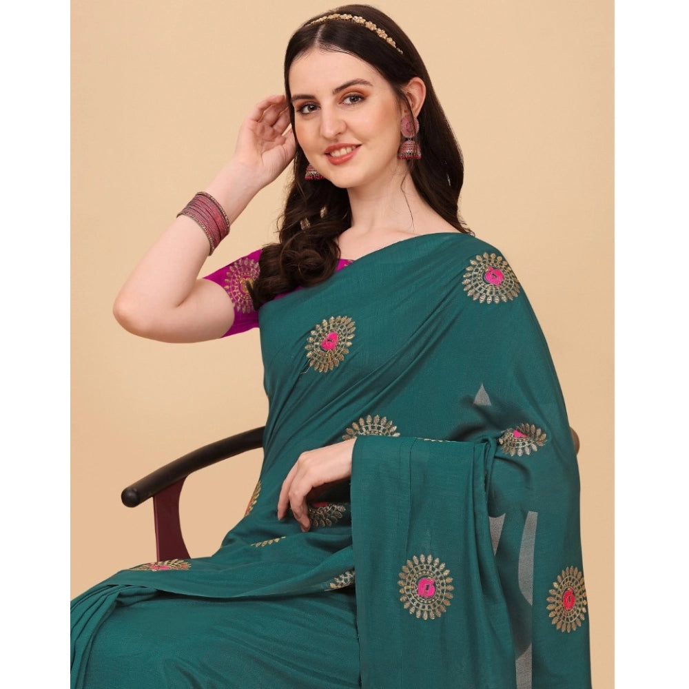 Generic Women's Silk Blend Embroidered Saree With Unstitched Blouse 5.5Mtr (Dark Green) Secondary image