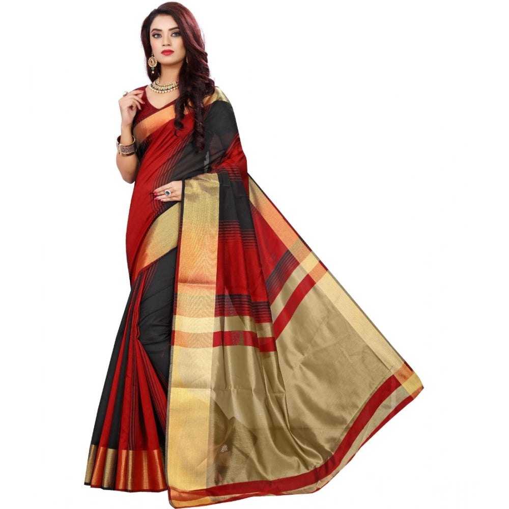 Generic Women's Jacquard Woven Saree With Unstitched Blouse 5.5Mtr (Red-Black) Main image