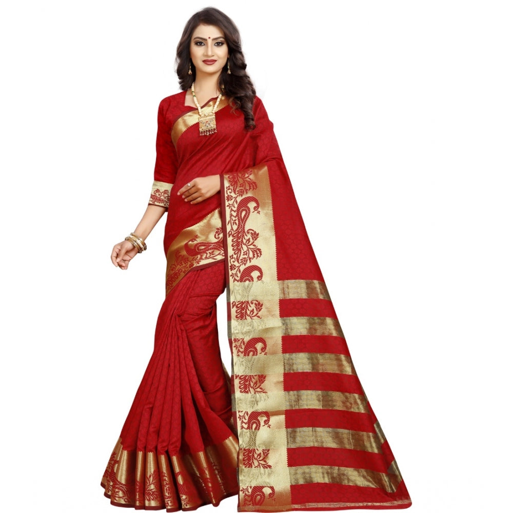 Generic Women's Jacquard Woven Saree With Unstitched Blouse 5.5Mtr (Red) Main image