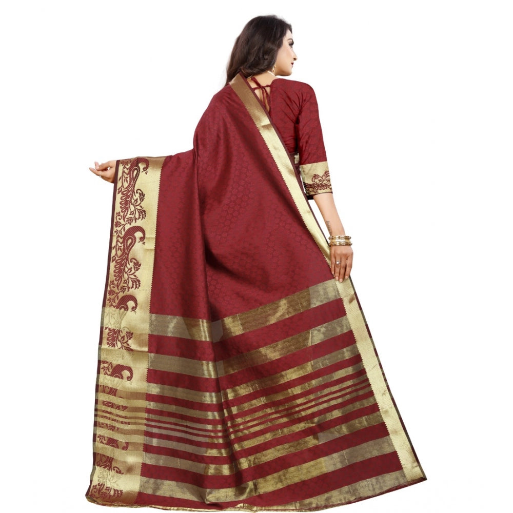 Generic Women's Jacquard Woven Saree With Unstitched Blouse 5.5Mtr (Maroon) Secondary image