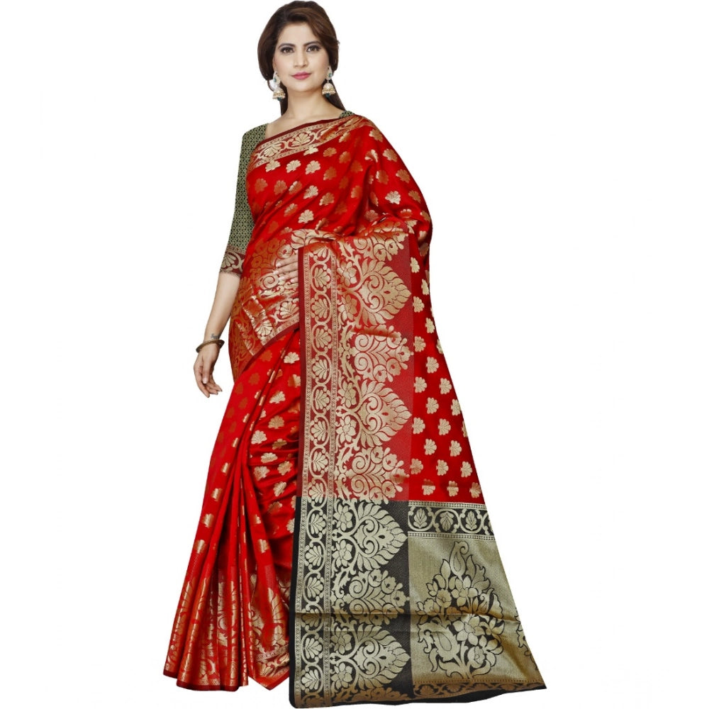 Generic Women's Jacquard Woven Saree With Unstitched Blouse 5.5Mtr (Red) Main image