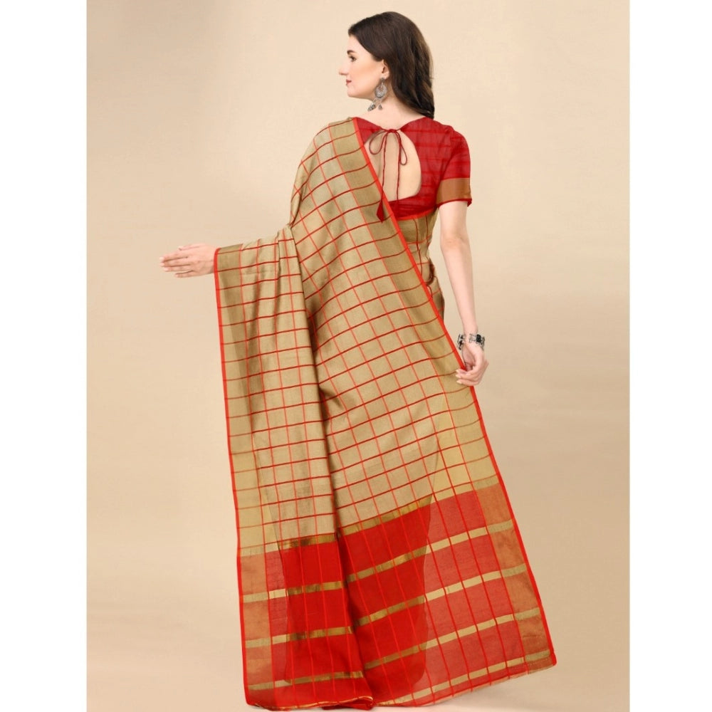 Generic Women's Cotton Silk Checkered Saree With Unstitched Blouse 5.5Mtr (Brown) Secondary image