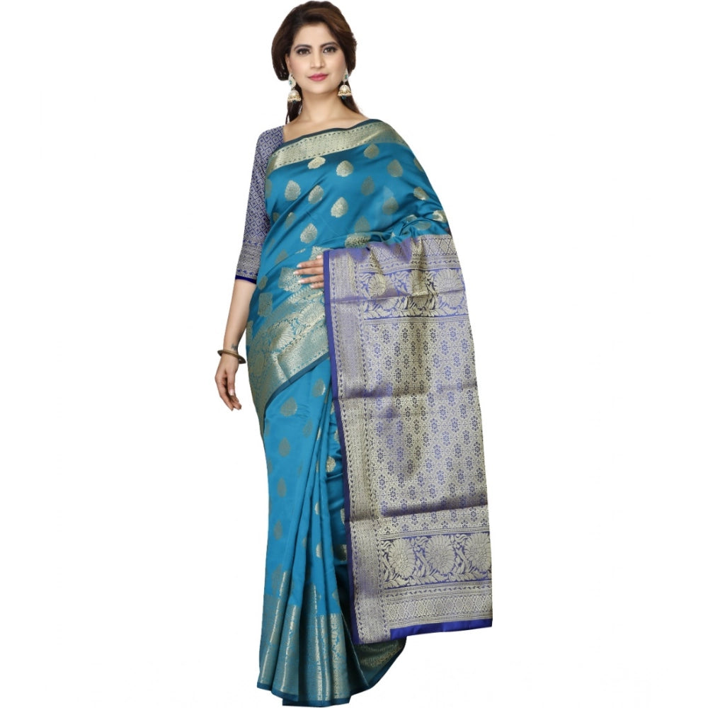 Generic Women's Jacquard Woven Saree With Unstitched Blouse 5.5Mtr (Green-Blue) Main image