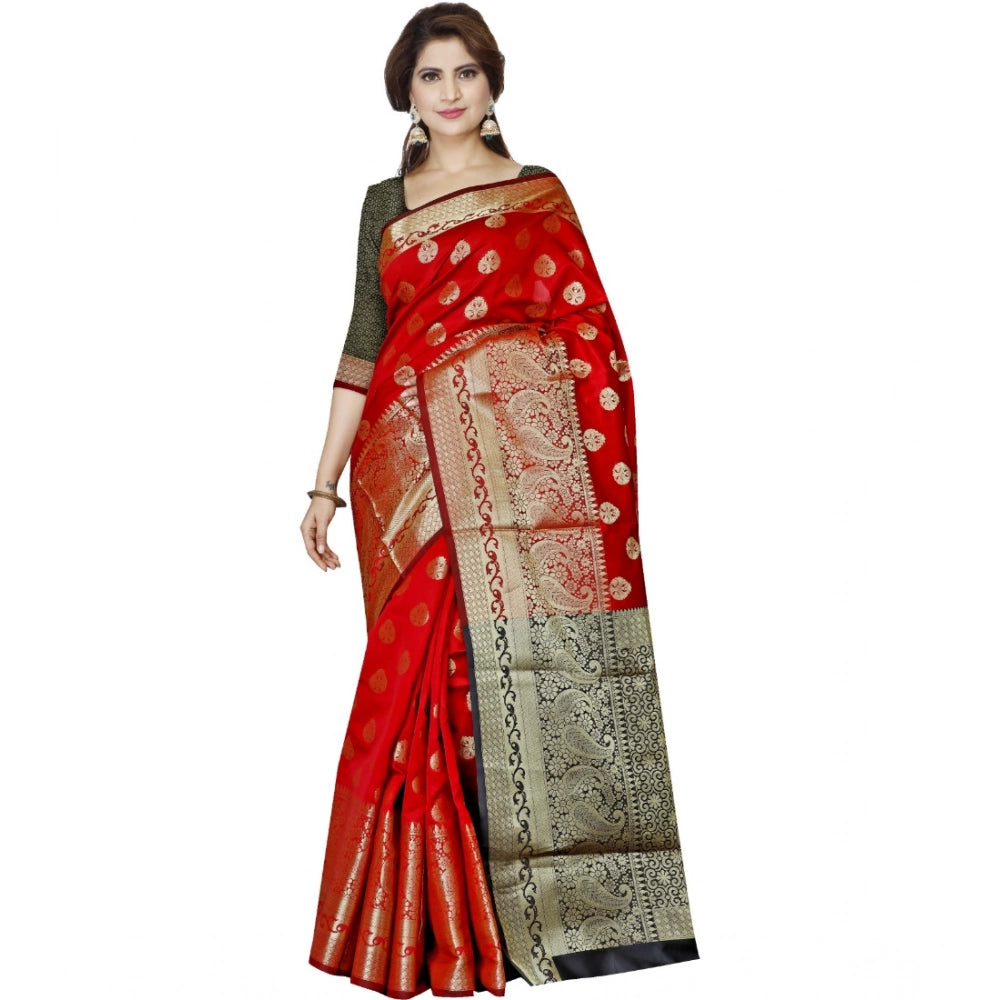 Generic Women's Jacquard Woven Saree With Unstitched Blouse 5.5Mtr (Red) Main image