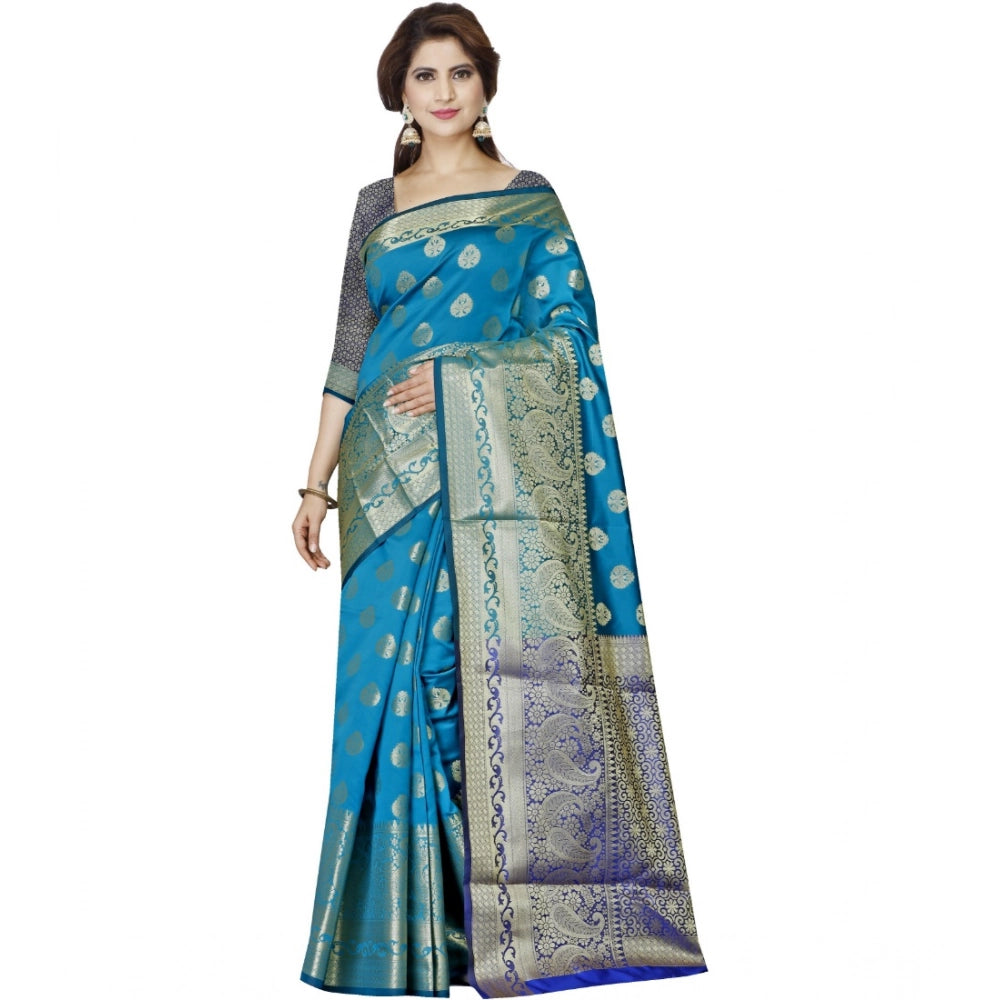 Generic Women's Jacquard Woven Saree With Unstitched Blouse 5.5Mtr (Blue) Main image