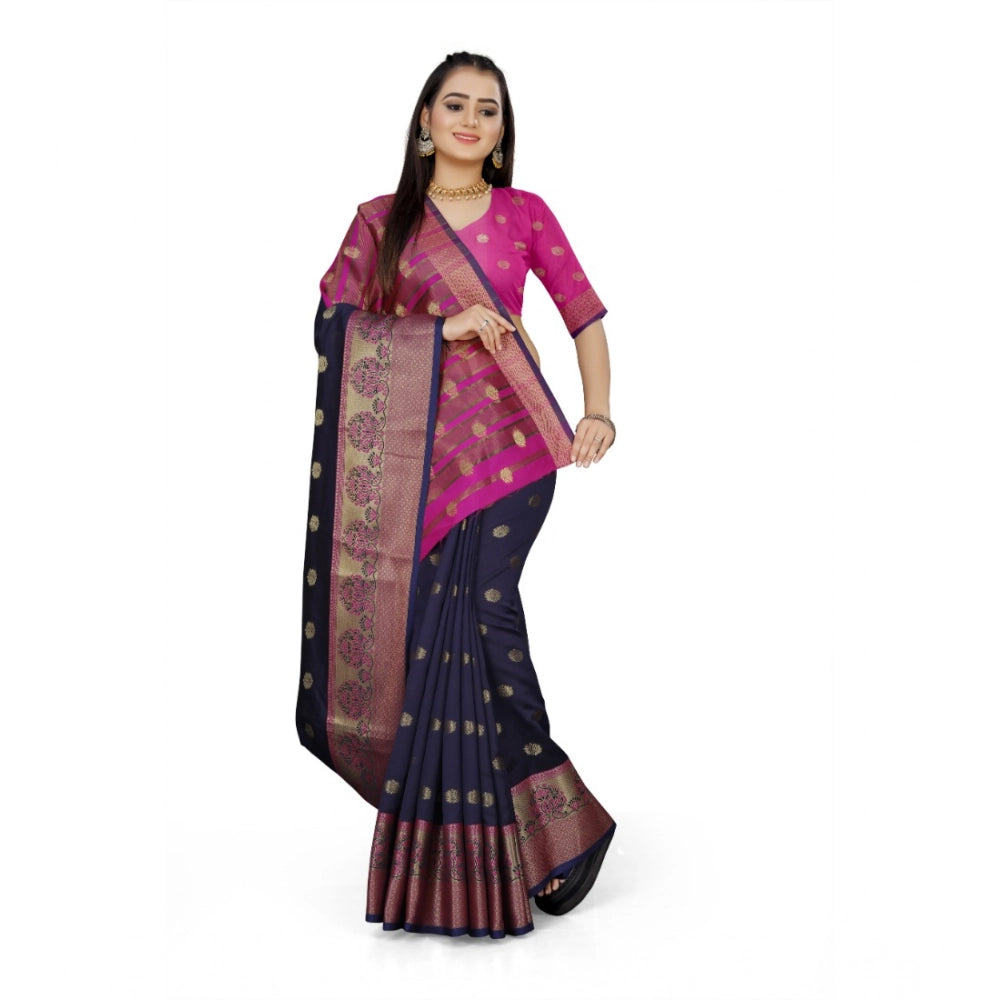 Generic Women's Jacquard Woven Saree With Unstitched Blouse 5.5Mtr (Dark Blue) Secondary image