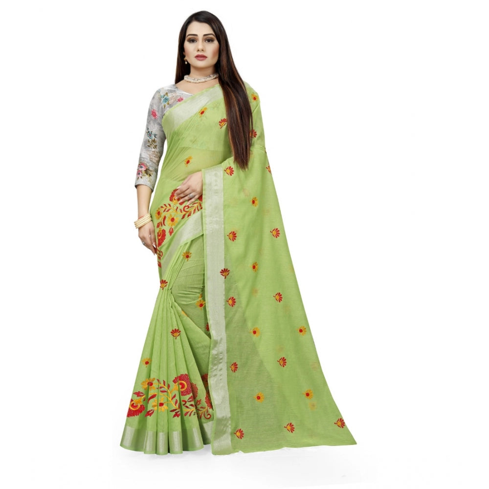 Generic Women's Cotton Silk Embroidered Saree With Unstitched Blouse 5.5Mtr (Light Green) Main image
