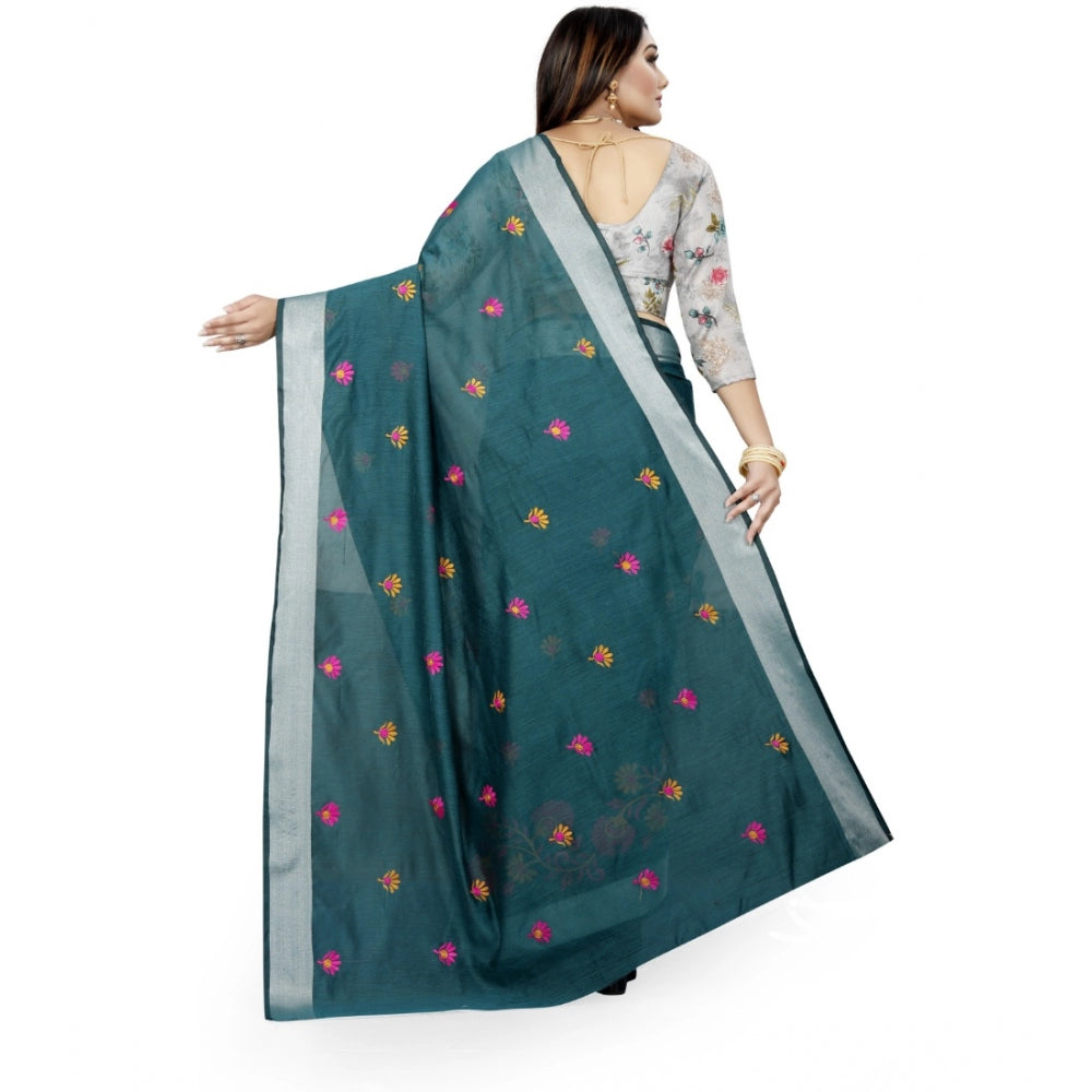 Generic Women's Cotton Silk Embroidered Saree With Unstitched Blouse 5.5Mtr (Dark Green) Secondary image