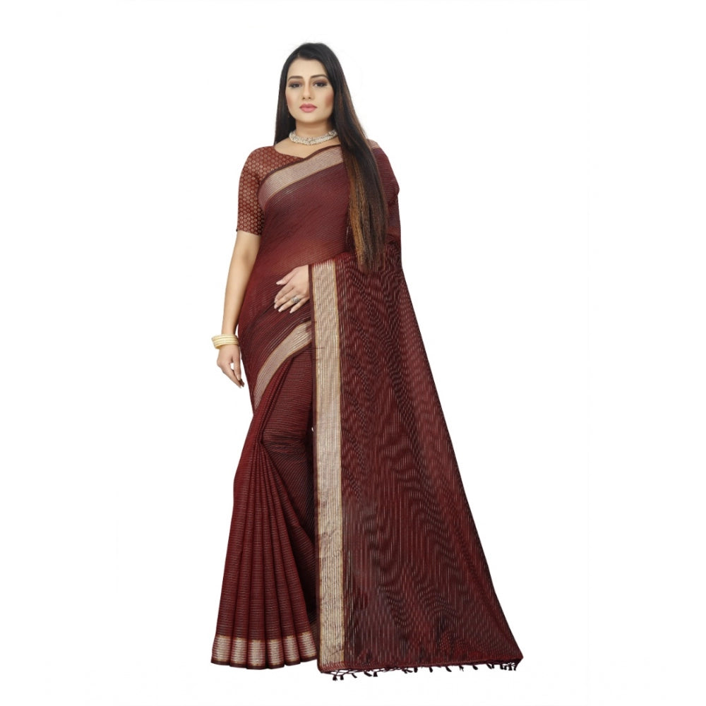 Generic Women's Cotton Blend Solid/Plain Saree With Unstitched Blouse 5.5Mtr (Maroon) Main image