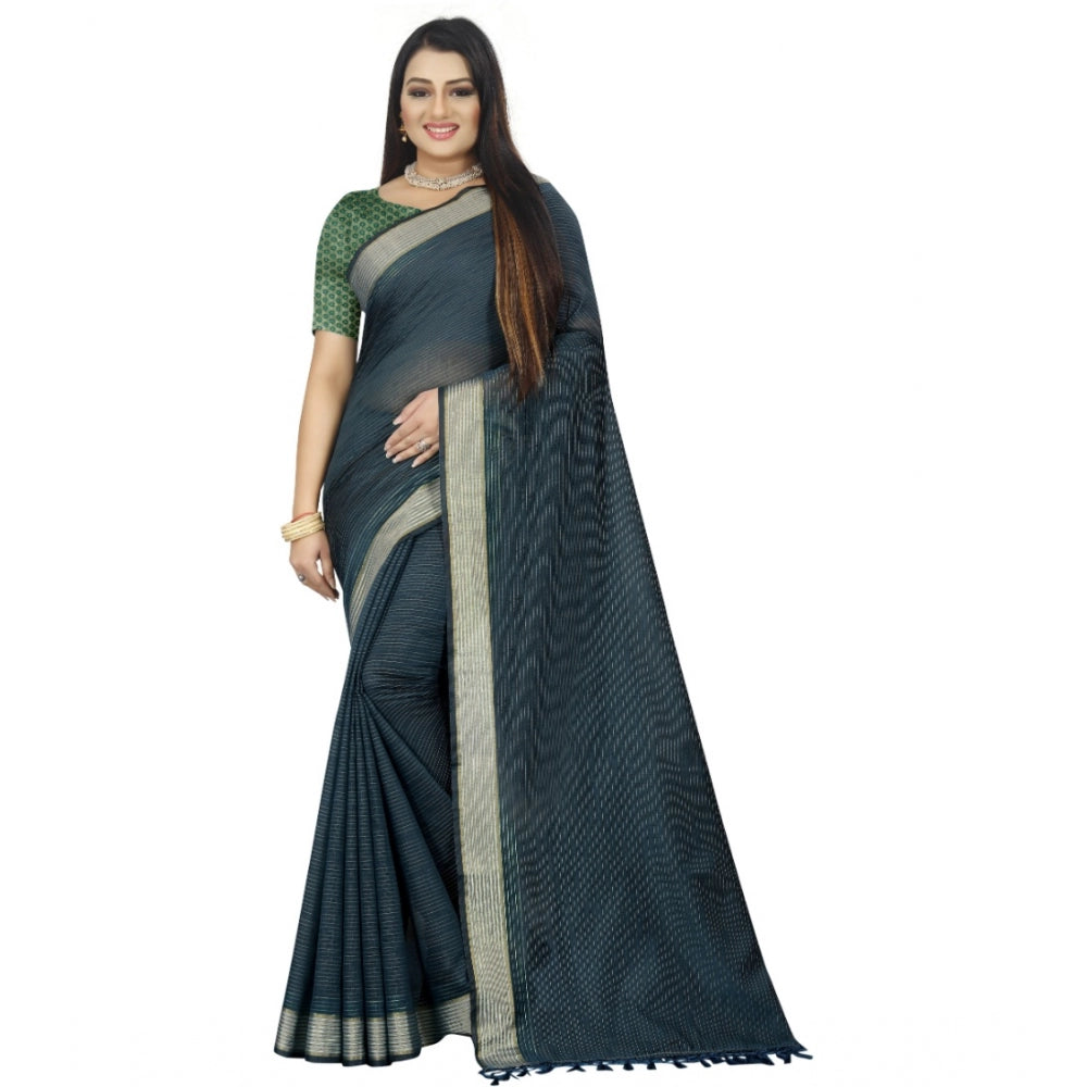 Generic Women's Cotton Blend Solid/Plain Saree With Unstitched Blouse 5.5Mtr (Dark Green) Main image