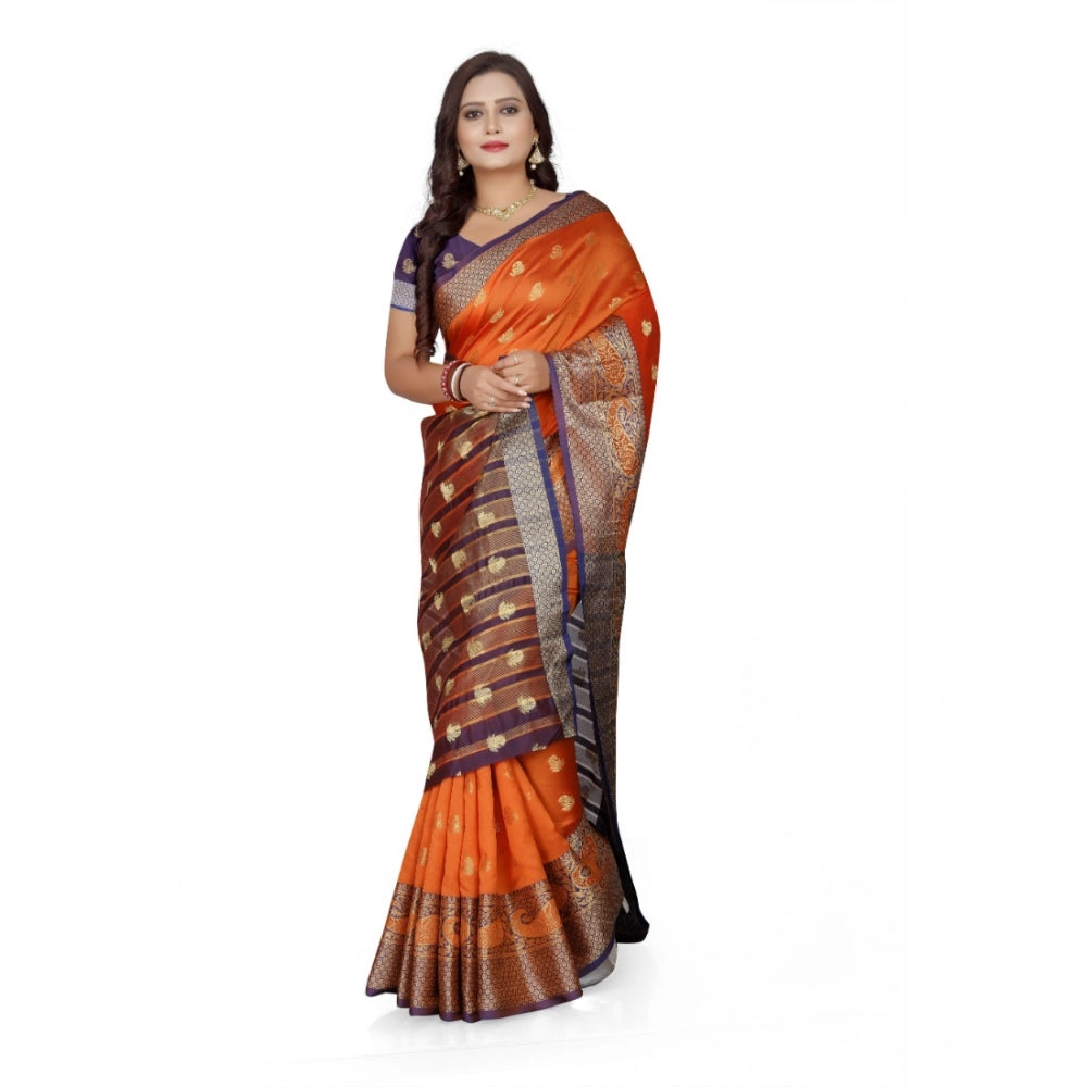 Generic Women's Jacquard Woven Saree With Unstitched Blouse 5.5Mtr (Orange) Secondary image