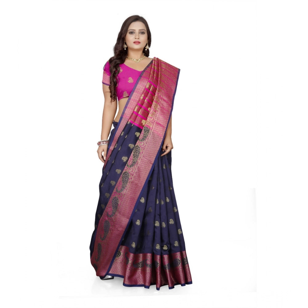 Generic Women's Jacquard Woven Saree With Unstitched Blouse 5.5Mtr (Dark Blue) Secondary image