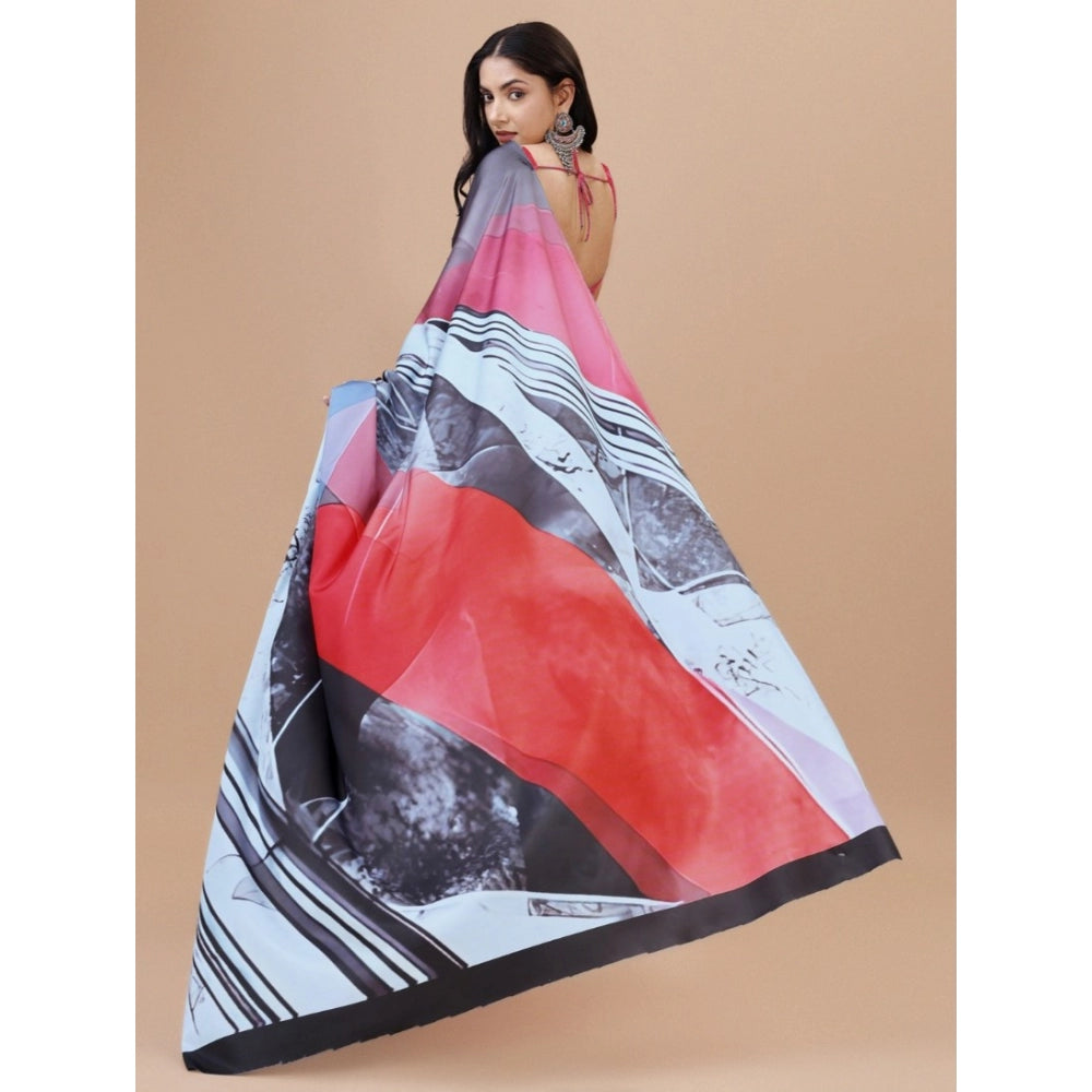 Generic Women's Crepe Digital Print Saree With Unstitched Blouse 5.5Mtr (Light Blue) Secondary image