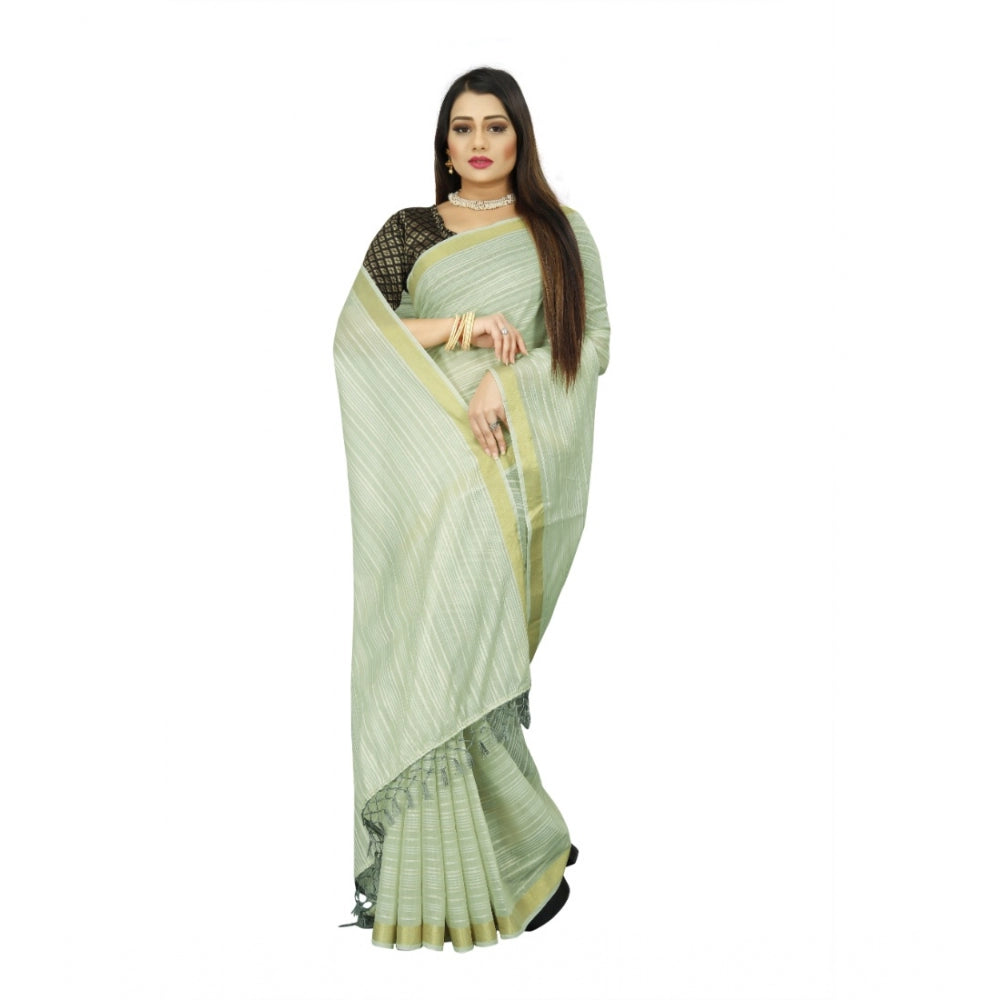 Generic Women's Cotton Blend Solid/Plain Saree With Unstitched Blouse 5.5Mtr (Green) Secondary image