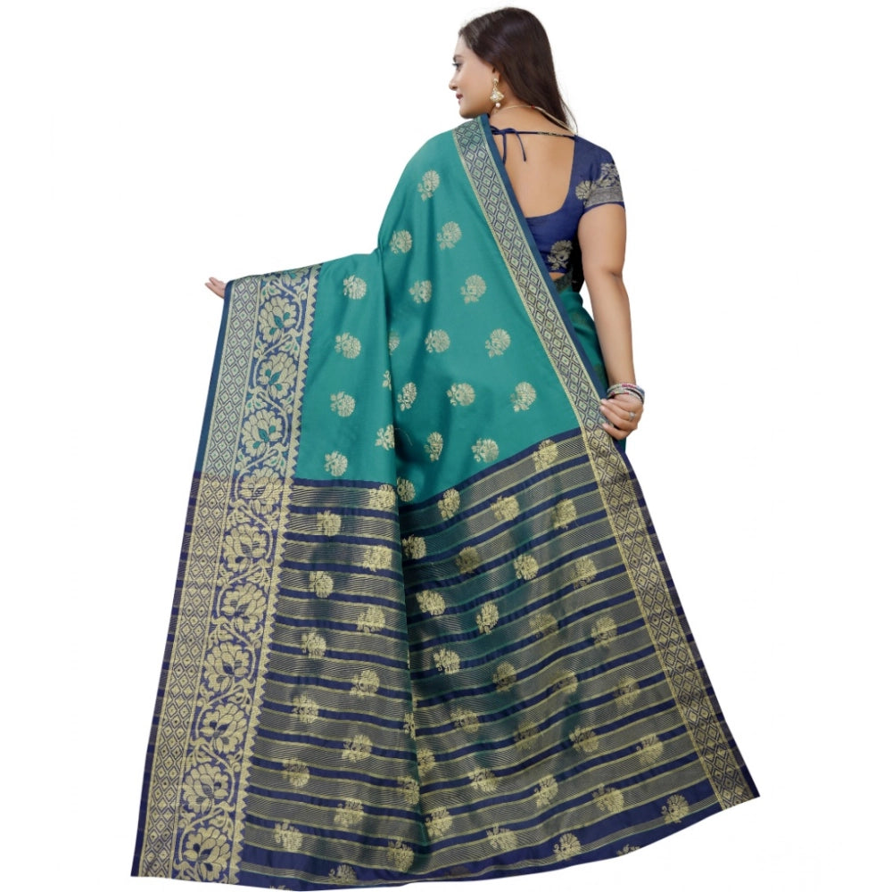Generic Women's Silk Blend Woven Saree With Unstitched Blouse 5.5Mtr (Dark Blue-Green) Secondary image