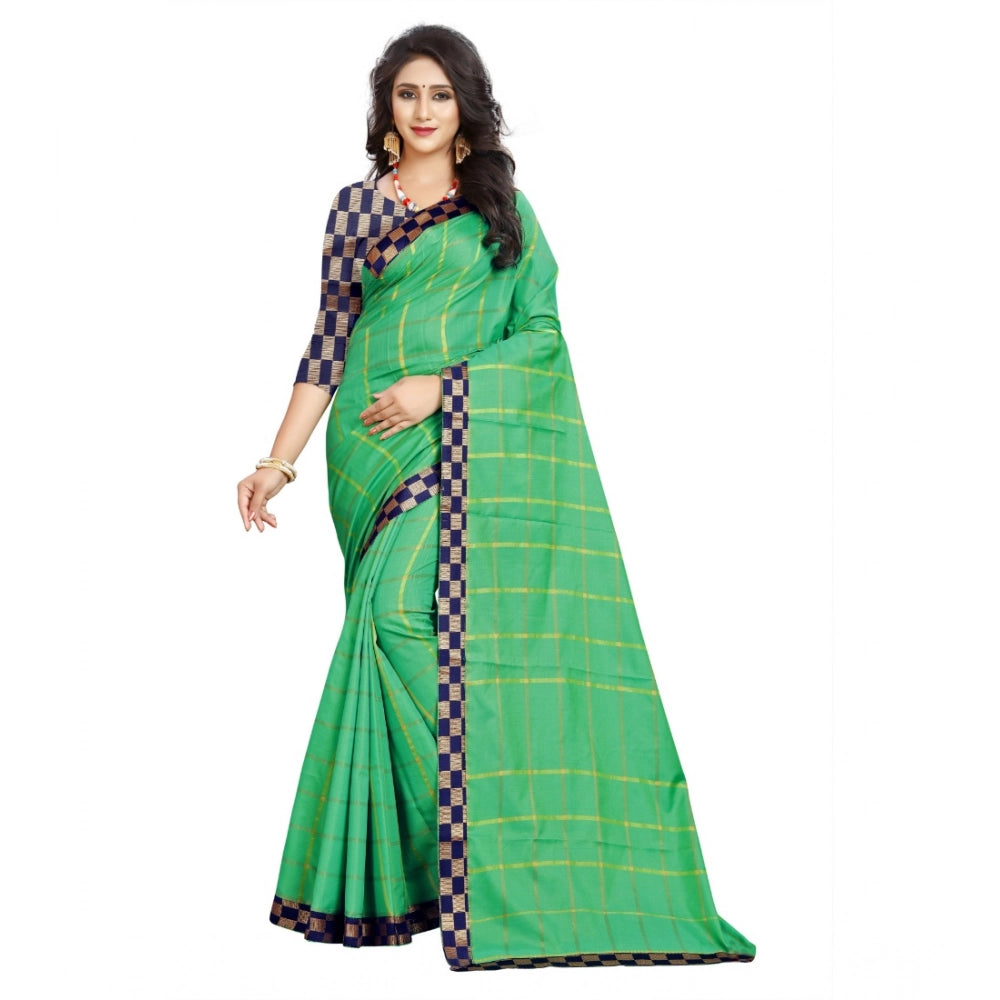 Generic Women's Cotton Silk Checkered Saree With Unstitched Blouse 5.5Mtr (Green) Main image
