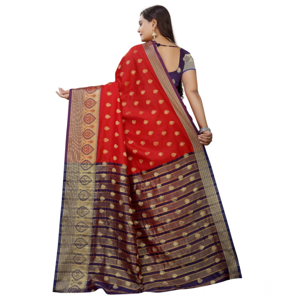 Generic Women's Silk Blend Woven Saree With Unstitched Blouse 5.5Mtr (Purple-Red) Secondary image