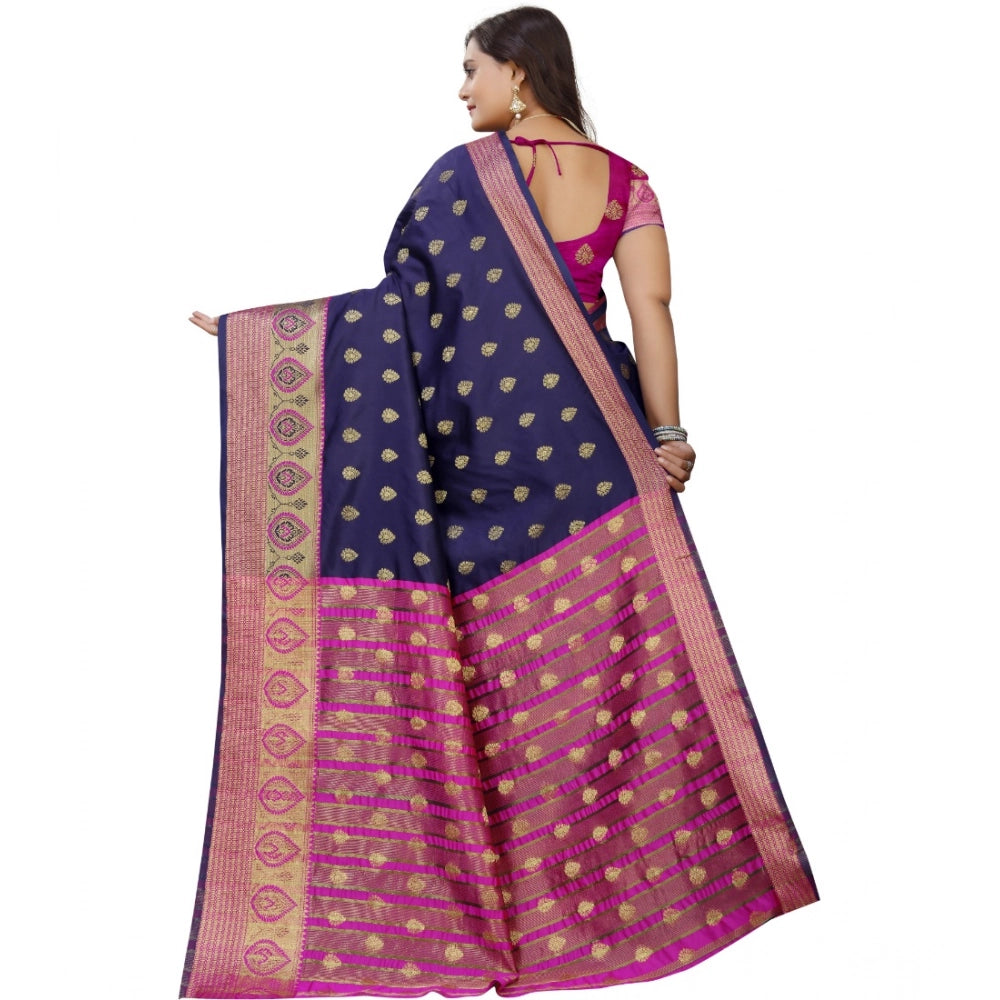 Generic Women's Silk Blend Woven Saree With Unstitched Blouse 5.5Mtr (Dark Blue-Pink) Secondary image