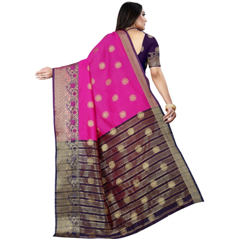 Generic Women's Silk Blend Woven Saree With Unstitched Blouse 5.5Mtr (Blue-Pink) Secondary image