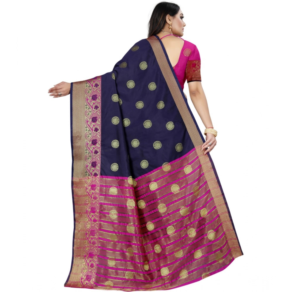 Generic Women's Silk Blend Woven Saree With Unstitched Blouse 5.5Mtr (Dark Blue-Pink) Secondary image