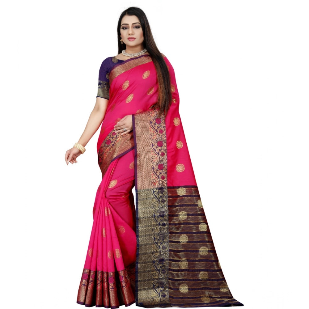 Generic Women's Silk Blend Woven Saree With Unstitched Blouse 5.5Mtr (Blue-Pink) Main image