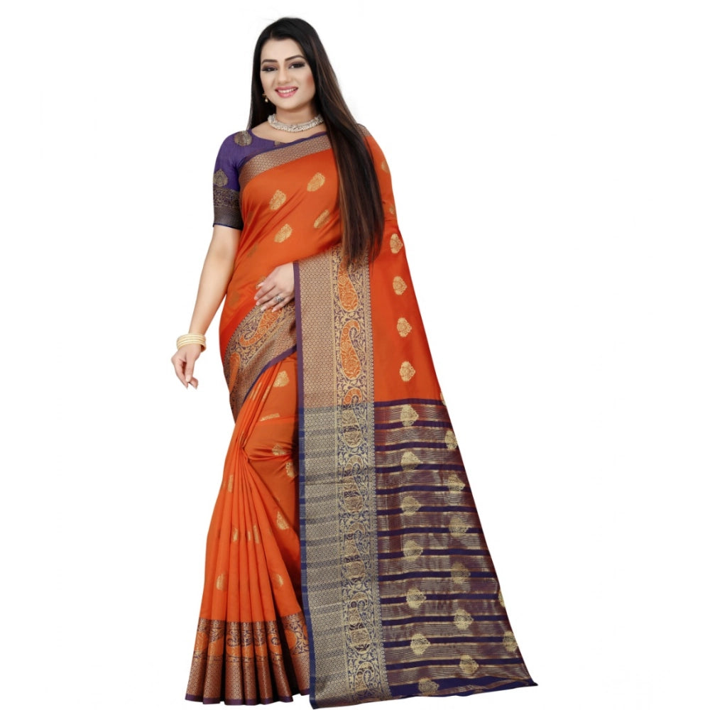 Generic Women's Silk Blend Woven Saree With Unstitched Blouse 5.5Mtr (Purple-Orange) Main image