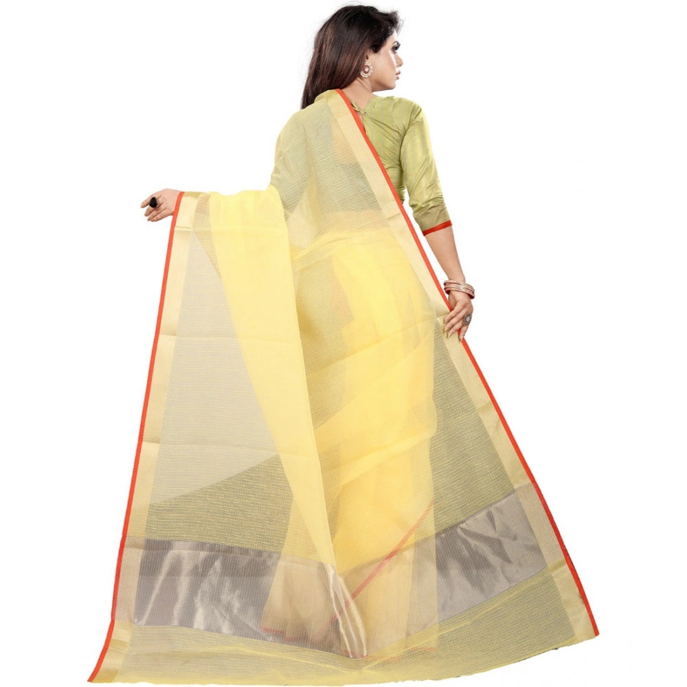 Generic Women's Cotton Silk Checkered Saree With Unstitched Blouse 5.5Mtr (Yellow) Secondary image