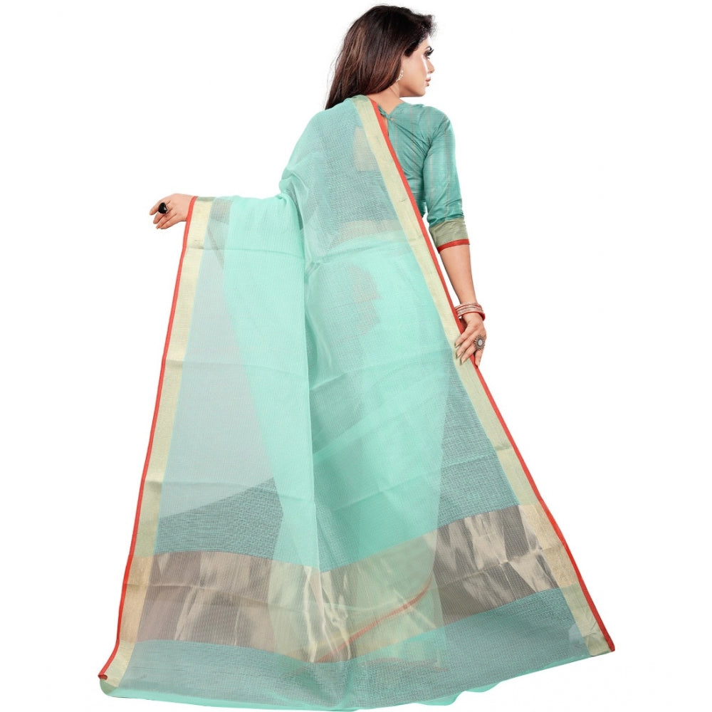 Generic Women's Cotton Silk Checkered Saree With Unstitched Blouse 5.5Mtr (Light Blue) Secondary image