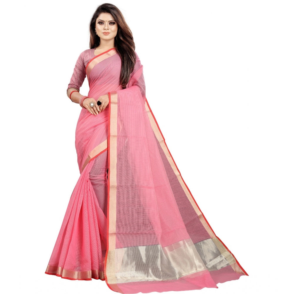 Generic Women's Cotton Silk Checkered Saree With Unstitched Blouse 5.5Mtr (Pink) Main image